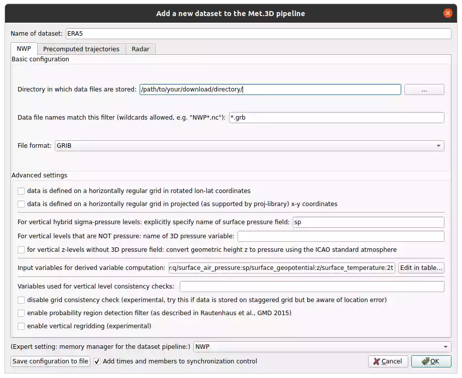 The Met.3D dataset dialog.